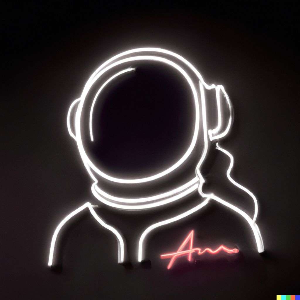 an astronaut, neon sign on a black wall